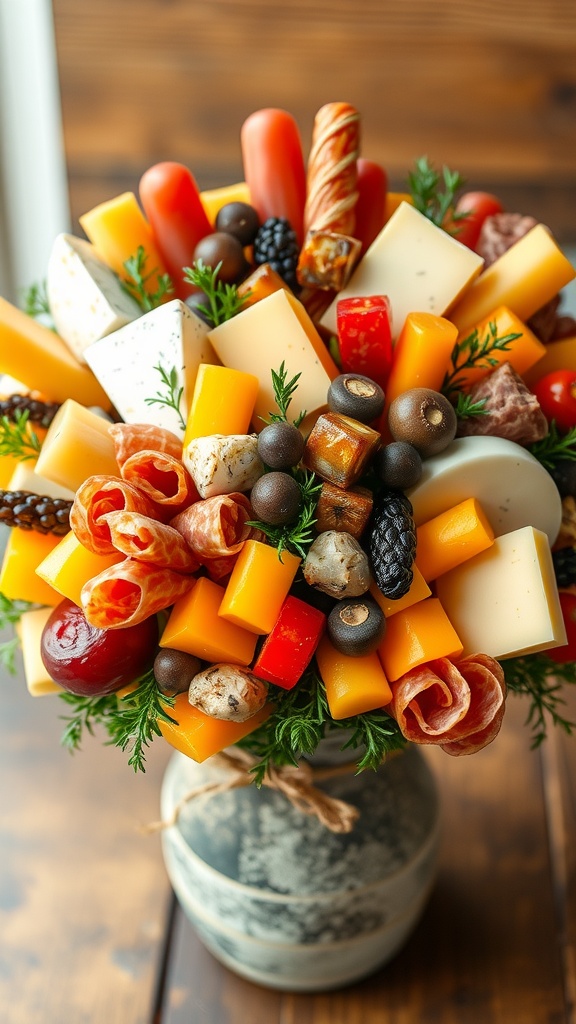 A colorful snack bouquet with cheeses, meats, and vegetables arranged in a decorative vase.